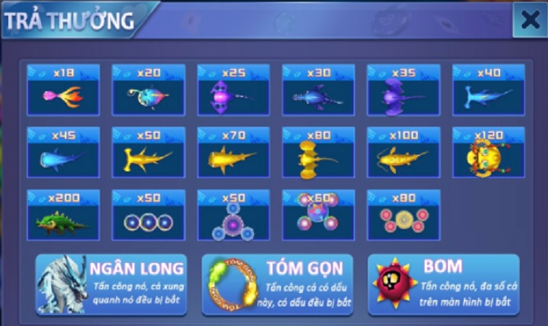 Một số mức trả thưởng trong trò chơi bắn cá ăn xu tại cổng game KUFUN